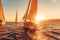 Two sailboats sailing in the ocean at sunset. Generative AI image.