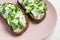 Two sandwiches on rye toast with peas microgreen and cottage cheese on pink plate. Macrobiotic healthy breakfast