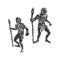 Two savages, Neanderthal men with spears. Graphic hand sketch. Vector