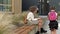 Two schoolgirls of different ages are sitting on a bench in the school yard. The little girl presses the books to her