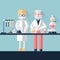 Two scientist chemists in white lab coats in a scientific laboratory. Man and woman make a chemical experiment with