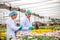 Two scientist women work together in experimental field of flower garden, one woman check the product and the other one record