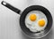 Two scrambled eggs in black frying pan