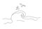 Two seagulls are flying over a large wave. Hand-drawn line art seascape. Doodle birds and sea or ocean. Vector