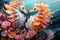 Two seahorses swimming in the sea with pink and orange flowers Generative AI Generative AI