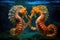 two seahorses swirling around each other in love dance