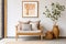 Two seater love seat with Wicker plant pots set against a cream wall with winter scene wall art frame contemporary Generative AI