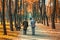 Two senior friends man walking along beautiful colorful autumn city park. Pair of old age persons talking during walk at beautiful