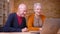 Two senior gray-haired caucasian colleagues having a videocall on laptop being joyful and happy in office.