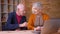 Two senior gray-haired caucasian colleagues working together with laptop being joyful in office.