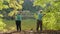 Two senior women warm-up before Nordic walking