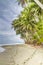 Two sets of footprints on a tropical palm fringed beach