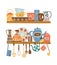 Two shelves with ceramic tableware and hanging kitchen tools flat cartoon style
