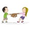 Two siblings brother and sister or friends fighting, pulling teddy bear toy, boy is angry and girl is tearful