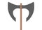 A two sided battle axe with light brown shaft handle and dark grey blades