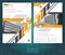 Two sided brochure or flayer template design with blurred photo of buildings. Mock-up cover in black and yellow vector modern styl