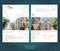 Two sided brochure or flayer template design with exterior building blurred photo elements. Mock-up cover in triangle geometric ve