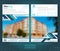 Two sided brochure or flayer template design with one blurred color photo of buildings. Mock-up cover in blue abstarct vector mode