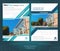 Two sided brochure or flyer template design with exterior blurred photo ellements. Mock-up cover in blue modern style