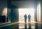 Two Silhouetted Businessmen Standing Near Opening of Large Commercial Industrial Building - Generative AI