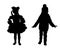 Two silhouettes of a girl in a smart dress and a coat with hat and pompon.