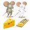 Two silly mice and piece of cheese in mousetrap