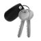 Two silver keys for the door with black keychain. Top view. Illustration isolated on white background