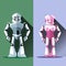 Two silver and pink humanoid robots