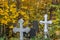 Two silvery grave crosses in the Orthodox Christian cemetery. front view. Autumn graveyard. cemetery background