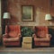 Two similar sitting chairs, in faded orange colors, in a shabby room, AI-generated.