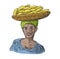 Two single and bunches of fresh banana with leaf. African woman carries a basket with fruits on her head.