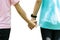 Two sister holding hands isolated on transparent background. Happy friendship family concept