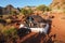 Two sisters emerging from their tent in the Grand Canyon.