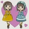 Two sisters, girlfriends, twins. Doll in a bright dress and shoes. Children`s toys. Fashion. Basic minimalist wardrobe. Isolated v