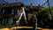 Two sisters jumping on the trampoline