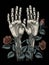 Two skeletal hands emerge from the earth asping a pair of black roses. Gothic art. AI generation