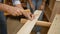 Two skilled carpenters, a dynamic duo, driving a nail into a wood plank at a lively carpentry workshop