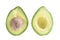 Two slices of avocado . One slice with core.