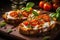 Two slices of bruschetta with mozzarella, tomatoes, basil on a wooden plate, in a warm, appetizing setting