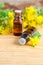 Two small bottles with essential St John`s-wort oil extract, tincture, infusion on the old wooden background. Aromatherapy, spa