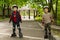 Two small boys kitted out for roller skating