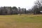 Two small brown horses grazing on green and yellow grass on the farm surrounded by bare winter trees and a sprinkler with blue sky