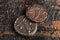 Two Small Copper Coins or Widows Mites on a Rustic Wooden Table