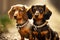 two small dachshund dog in collars wait for walk