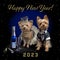 Two small dogs in formal attire celebrate New Year 2023