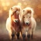 Two small fluffy brown and white pony horses on muddy ground, blurred yellow field background