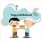 Two small Muslim children who share cookies to celebrate Eid Mubarak. Fit for children`s books