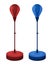 Two small red and blue punching bags on a stand. Sports equipment for boxing, kickboxing and other martial arts. Vector