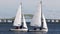 Two small sailboats with the Great South Bay bridge in background during December regatta