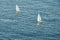 Two small sailing boats in sea at sunset, mediterranean lifestyle, centerboarder, dinghy